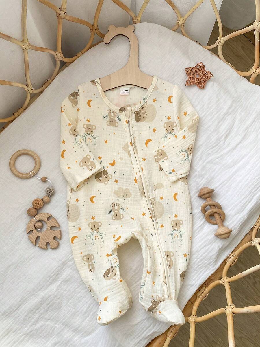 1-Piece Newborn Long Sleeve Footed Romper, Soft Double-Layer Crinkle Fabric, Cute Koala Print Fall Baby Jumpsuit - Apricot - View 1