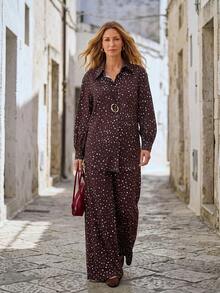 Hansera Women's Winter Christmas Brown Woven Polka Dot Print Long Sleeve Button-Down Shirt And Elastic Waist Wide Leg Pants 2-Piece Set, Suitable For Daily Wear, Elegant Style, Vintage Style, Office Wear, Casual Wear, Autumn/Winter Wear - Coffee Brown - View 3