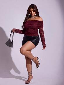 Viva Relle Plus Size Vintage Burgundy Cold Shoulder Lace Top For Women, Folded Collar, Ruched Waist, Long Sleeve Base Layer Fall - Burgundy - View 5