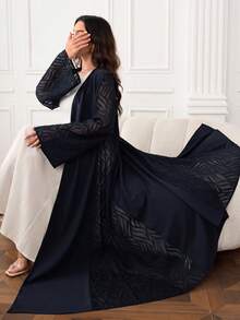 Yasmyna Women's Contrast Mesh Long Sleeve Loose Fit Abaya - Navy Blue - View 1