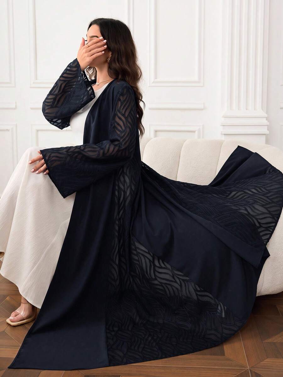 Yasmyna Women's Contrast Mesh Long Sleeve Loose Fit Abaya - Navy Blue - View 1