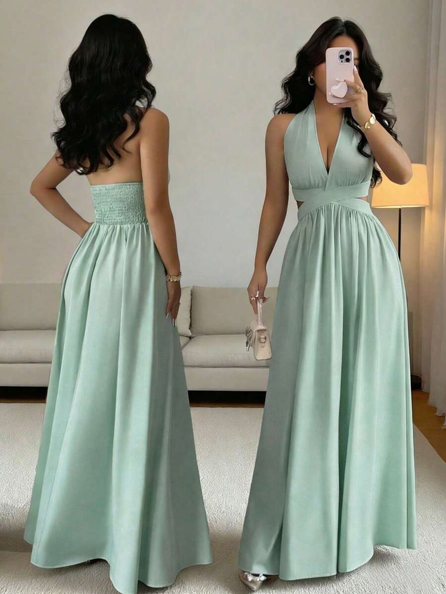 Rafferiza Elegant Sleeveless V-Neck Waist Hollow Design Pleated Dress, Purple, Spring/Summer New Arrival - Mint Green - View 1