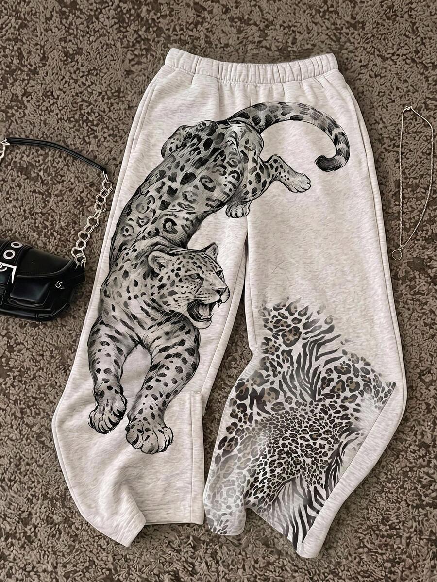 SHEIN EZwear 女款休閒街頭風 Free People 風格 Alt 低腰直筒運動長褲,獨特復古豹紋,日常穿搭,Ibiza 風情,淺灰色,夏季款 - 彩色 - 查看 1