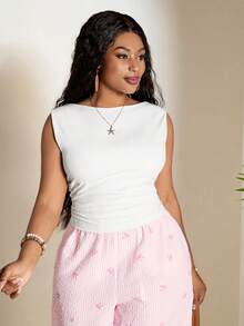 SHEIN PETITE CURVE Parte superior de tirantes de ajuste ceñido y cuello redondo con fruncido para mujer de talla grande y unicolor - Blanco - Ver 3
