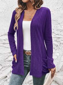EMERY ROSE Casual Women's Ribbed Cardigan With Regular Fit & Open Front In Fall/Winter - Purple - View 5
