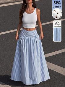SHEIN Tall Rok Lipit Bergaris Kasual Serbaguna untuk Wanita, Cocok untuk Sehari-hari - Blue and White - View 9