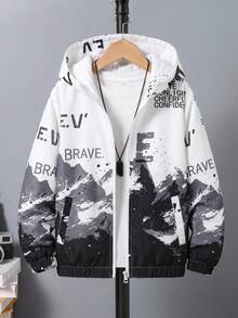 SHEIN 青少年男孩字母印花拉鍊長袖連帽外套 - 黑與白 - 查看 5