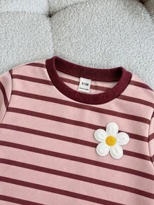 SHEIN 女嬰彩色條紋寬鬆套頭上衣休閒彈性花卉圖案裝飾內搭褲，適合秋冬 - 彩色 - 查看 5