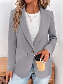 SHEIN LUNE 2024秋冬新款灰綠色女款收腰鈕扣西裝外套，休閒風 - 淺灰色 - 查看 8