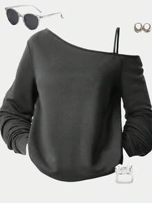 Girlism 青少年女孩秋季休閒不對稱領帶長袖衛衣 T-shirt，適合夏季、休閒、運動、校園穿搭 - 灰色 - 查看 1