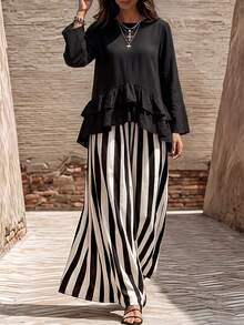 Linhara CURVE Women's Solid Black Ruffle Long Sleeve Blouse & Striped Skirt Casual 2-Piece Set - Black - View 7