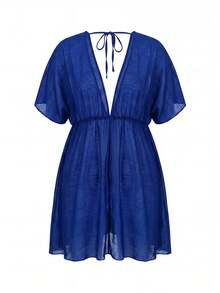 Swim Lushoire Summer Beach Daily Basic Solid Color Plus Size Cover-Up - Royal Blue - View 6