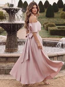 Savoree Women's Solid Color Asymmetric Neckline Ruched Elegant Dress - Pink - View 3