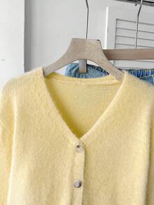 SHEIN Teen Girl Solid Color Drop Shoulder Long Sleeve Casual Knit Cardigan - Yellow - View 4