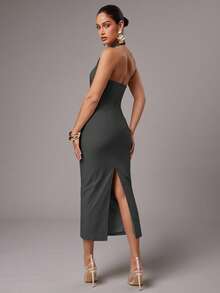 Silquee Women's Spring/Summer Solid Dark Grey Halter Neck Backless Dress Night Out Date Night Sexy - Grey - View 2