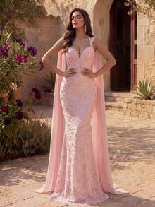 Coutiva Women's Sequin Embroidered Slim Fit Extra Long Evening Gown - Pink - View 7