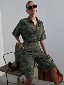 Hauture 女款短袖寬鬆長短牛仔連身褲，現代性感通勤辦公穿搭 - 彩色 - 查看 1