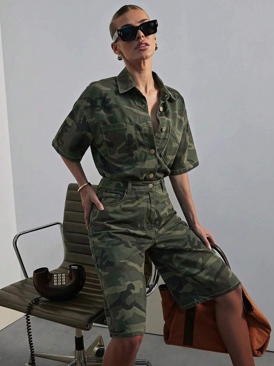 Hauture 女款短袖寬鬆長短牛仔連身褲,現代性感通勤辦公穿搭 - 彩色 - 查看 1