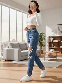 SHEIN EZwear 休閒水洗磨損錐形牛仔褲 - 淺色水洗藍 - 查看 7