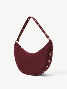 Viva Strut Women's Fashionable Simple Personalized Street Versatile Retro Claret Suede Rivet Design Shoulder Bag, Daily Shopping  School Commuting - Burgundy - View 4