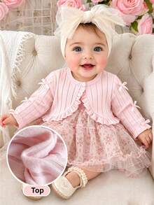 SHEIN Elladie kids 女嬰春夏秋季紋理布料舒適百搭休閒夾克外套 - 粉色 - 查看 4