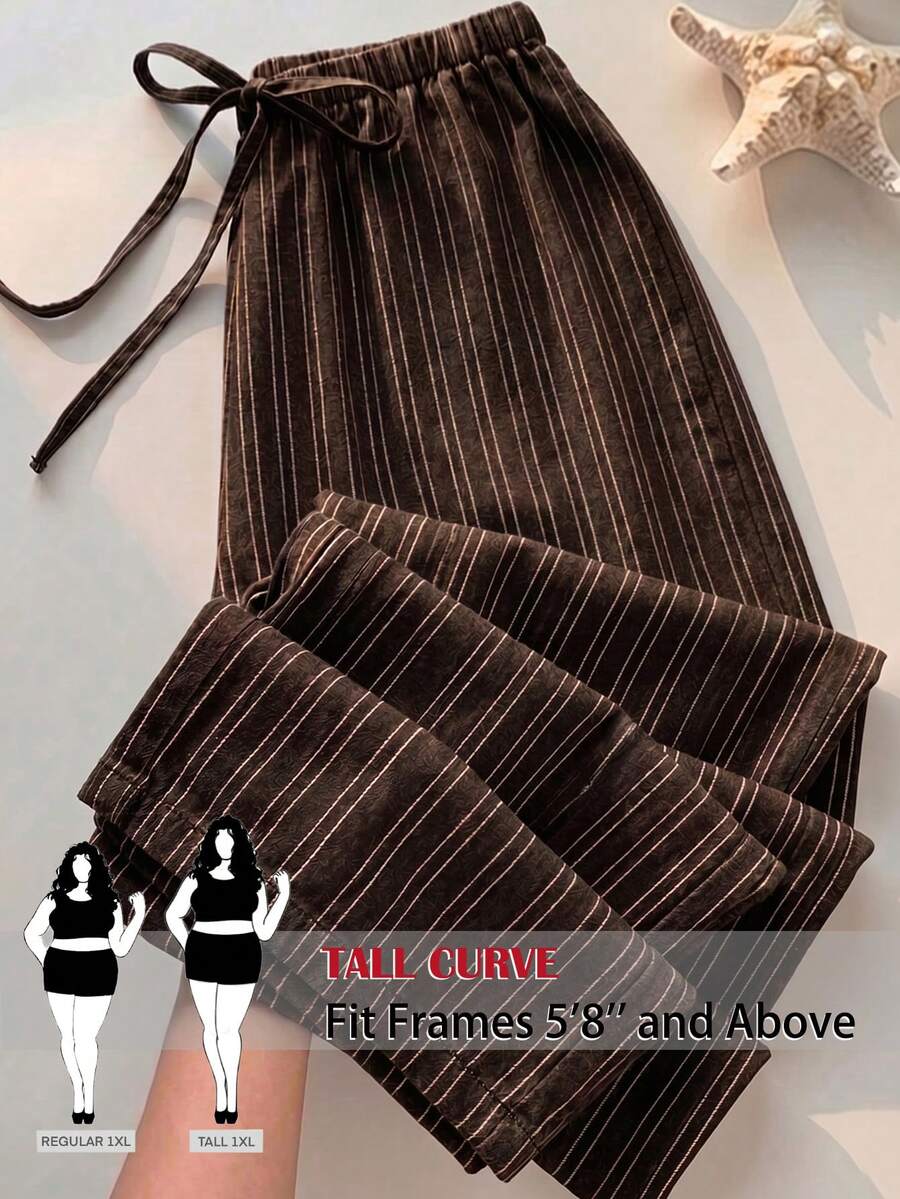 SHEIN Tall CURVE 大尺碼條紋抽繩腰休閒長褲,適合日常穿著 - 棕色 - 查看 1