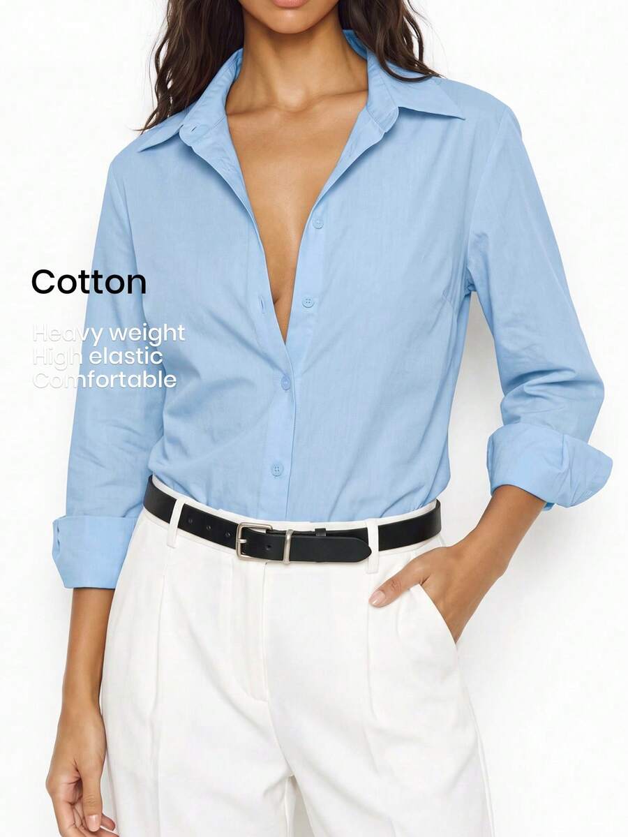 YARNWELL Women's Summer Casual Everyday Outing Single-Breasted Solid Color Shirt