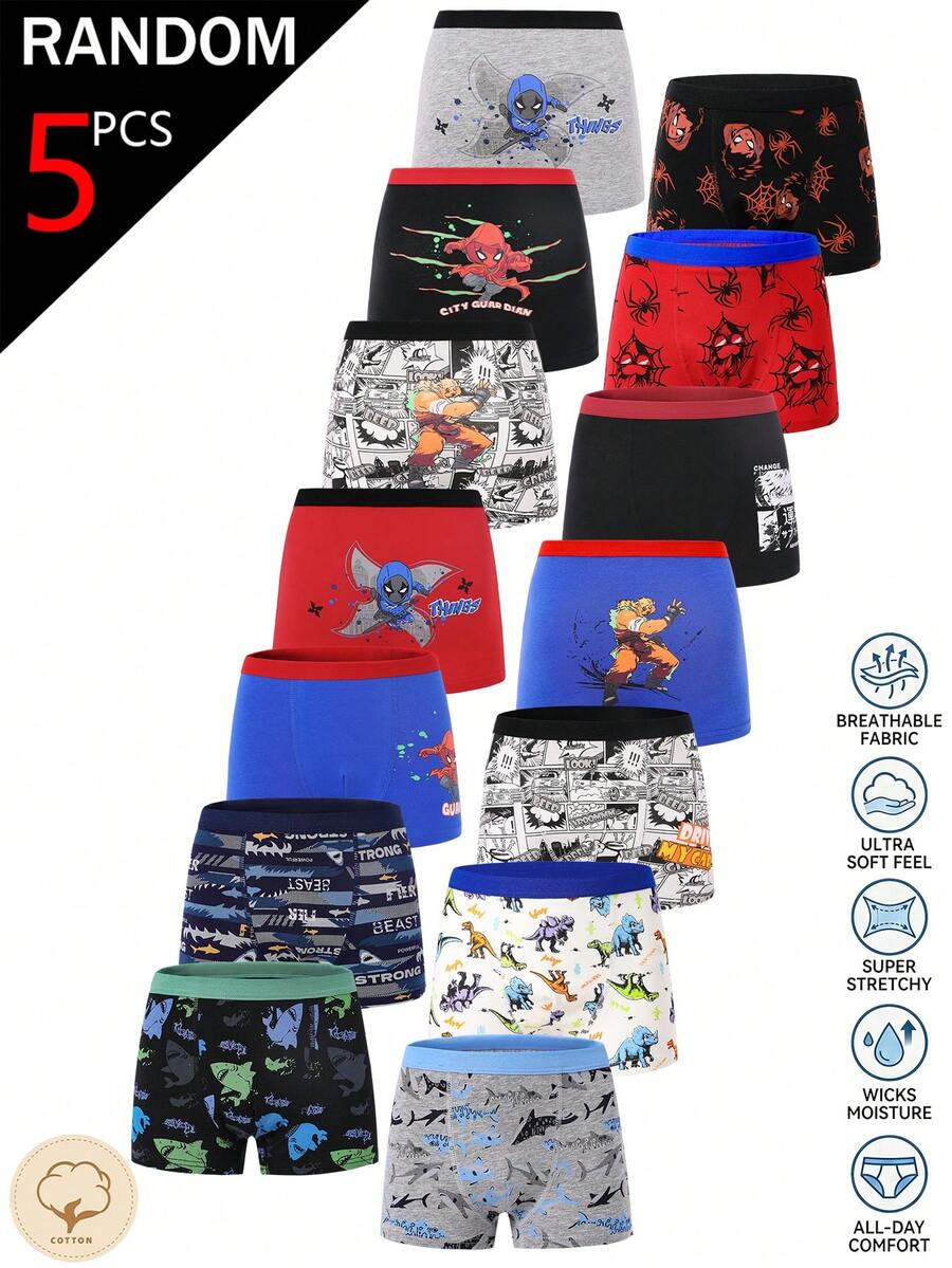 SHEIN [5 zufällige Stücke] Jungen Kleinkind Boxer Shorts Unterwäsche, Sommer Cartoon Kämpfer Comic Charakter Grafik Drucke Hautfreundlich weiche Baumwolle Lässig Essentials - Verschiedenfarbig - Übersicht 1