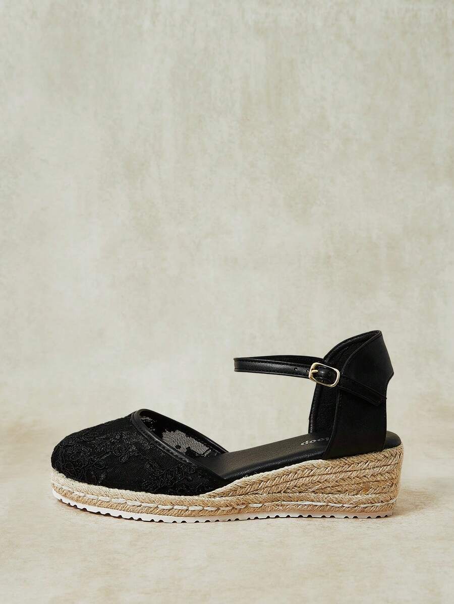 Styleloop Women's Hemp Rope Straw Weave Wedge Heel Black Lace Mesh Women's Wedge Heel Shoes Sandals Hemp Rope Shoes Bohemian Style Vacation Beach Seaside - Black 6 - View 1