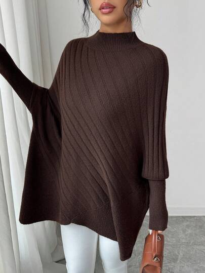 Elenzga Women's Autumn New Arrival Single Piece Half-High Neck Loose Hem Asymmetrical Unique Design French Elegant Daily Commute Knit Pullover Long Sleeve Sweater