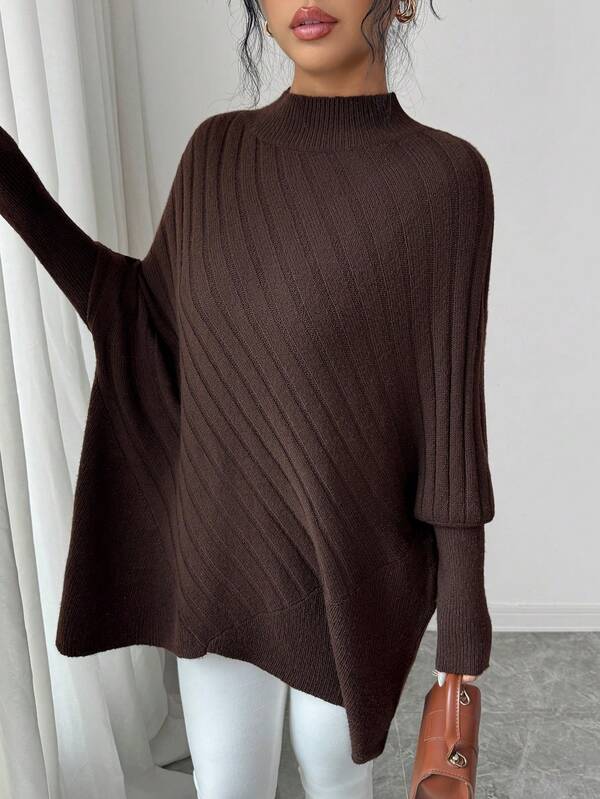 Elenzga Camisola de malha feminina de outono, nova coleção, peça única, gola meia-alta, bainha solta, design assimétrico único, estilo francês elegante, para uso diário e deslocações, manga comprida