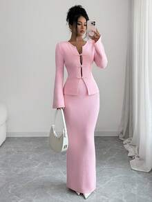 SHEIN Elenzya Women's Autumn/Winter Pink Knitted Sweater & Skirt 2-Piece Set, Light Pink New Chinese Style Frog Button Knitted Set, Gentle Minimalist Sexy Style, Early Spring Outfit For Dating, Spring Outing, Birthday, Flattering Flare Sleeve Cardigan, High Waist Wide Leg Long Skirt, Commuter Atmosphere, Bestselling Inner Layer, Women's Office Wear, Women's Commuter Set, Outdoor Outfit, Wearable Knitted Set - Baby Pink - View 5
