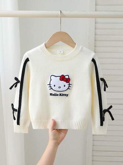 HELLO KITTY AND FRIENDS | SHEIN GraphicGems Young Girls Sweaters V-Neck Embroidered Top Design Bow Black Beige Knit Sweater Girls Clothing Comfortable Soft Sporty Style All-Match Versatile Sweet Cute Casual Simple Daily Suitable For Autumn Winter Travel Outing Party Outdoor Play