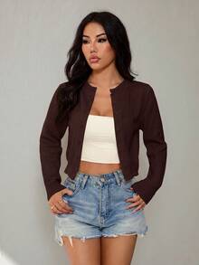 SHEIN PETITE 女款素色休閒百搭日常外出長袖開襟衫 - 棕色 - 查看 5