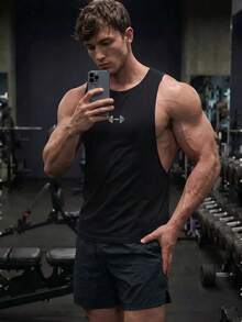 GymBeat 男士啞鈴印花寬鬆版型無袖健身運動背心，夏季運動訓練籃球球衣，健身房黑色 - 黑色 - 查看 7