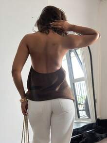 leahseptember 女款極簡通勤風掛脖深V修身背心上衣，棕色休閒夏季上衣 - 咖啡棕 - 查看 2