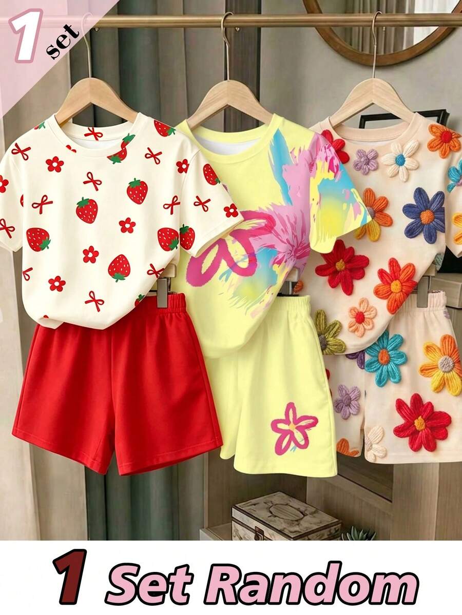 Elladie kids (Random Pattern, 1 Set Random) Girls' Fresh Cute Daily Strawberry Bow Colorful Floral Pattern Basic Short T-Shirt And Shorts - Multicolor - View 1