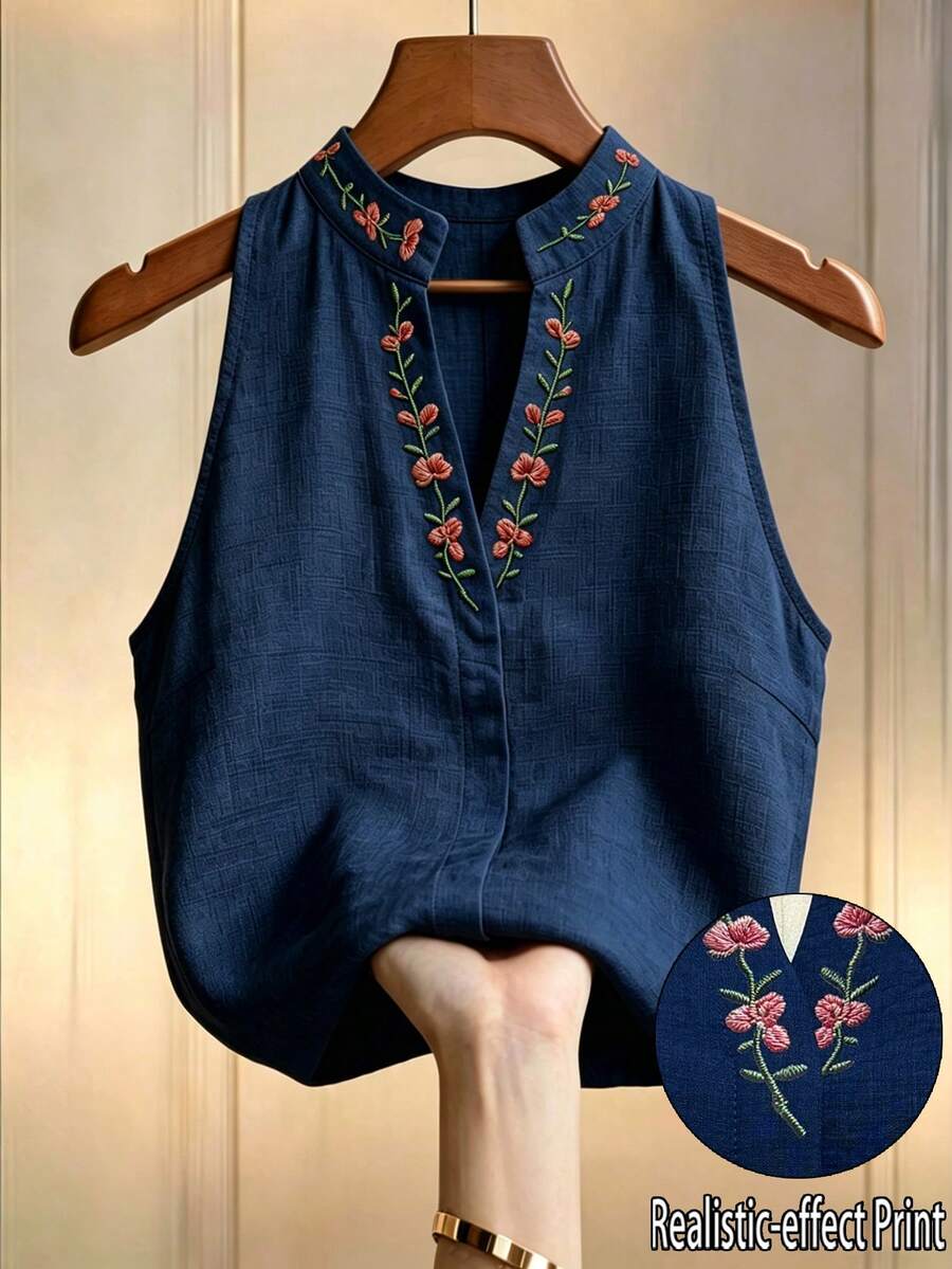 Louniche 女款海軍藍夏季無袖上衣 立領缺口領 花卉刺繡印花 紋理面料 優雅休閒上衣 適合日常與度假穿著 - 藏蓝色 - 查看 1