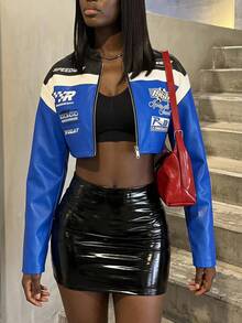 Slaydiva Women Y2K Racing Crop Jacket, Color Block Letter Print Faux Leather Motorcycle Short Outerwear, Holiday Costume Coat For Halloween, Music Festival - Blue - View 6