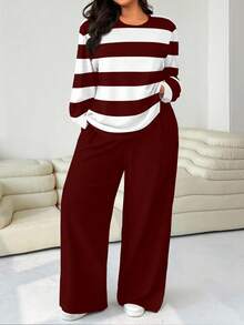 Solflare Plus Size Women 2 Pieces Set: Loose Round Neck T-Shirt And Straight Leg Pants Red Fall - Burgundy - View 1