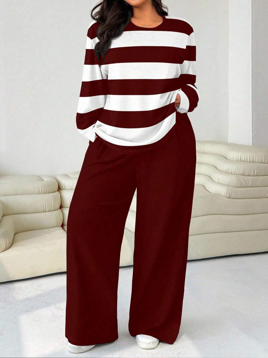 Solflare Plus Size Women 2 Pieces Set: Loose Round Neck T-Shirt And Straight Leg Pants Red Fall - Burgundy - View 1