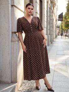 Chikora Vestido elegante de talla grande para mujer con estampado de lunares, diseño de botones y volantes en mangas cortas - Marrón - Ver 6