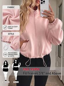 SHEIN Tall CURVE Plus Size Minimalist Zipper Long Sleeve Pocket Drawstring Sweatshirt - Baby Pink - View 2