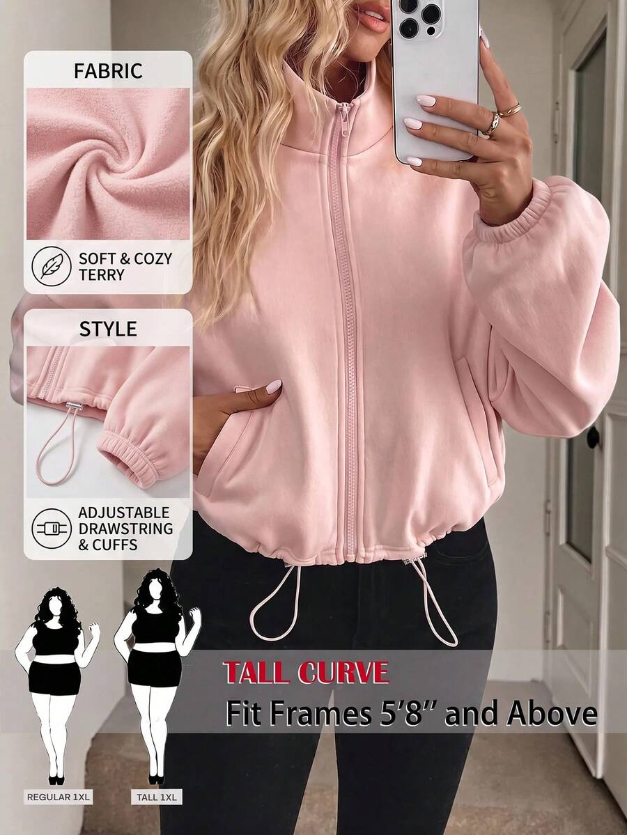 SHEIN Tall CURVE Plus Size Minimalist Zipper Long Sleeve Pocket Drawstring Sweatshirt - Baby Pink - View 1