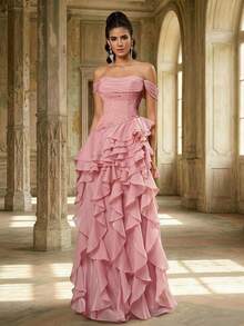 Aureia Elegant Glamorous Fashionable Dark Pink Lace Patchwork Organza Ruffle Ruched Bust Layered Ruffle A-Line Women's Formal Evening Gown - Pink - View 2