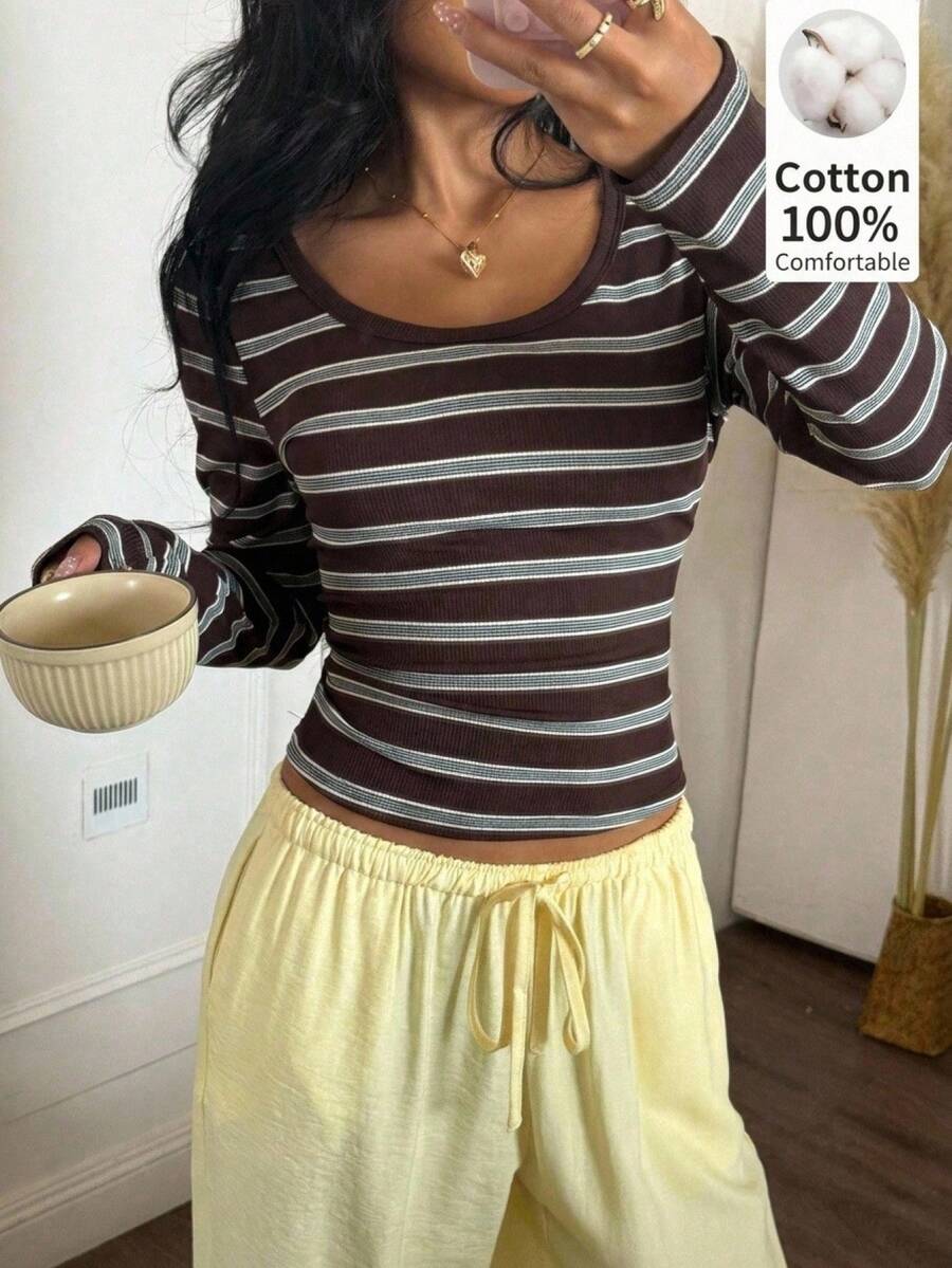 CovetEZ 女款休閒條紋長袖T恤,秋季 - 棕色 - 查看 1