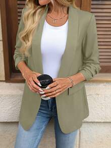 SHEIN LUNE Chaqueta Blazer Clásica para Mujer con Cuello Drapeado, Volantes y Manga 3/4, Adecuada para el Desplazamiento Diario en Invierno - Verde - Ver 4