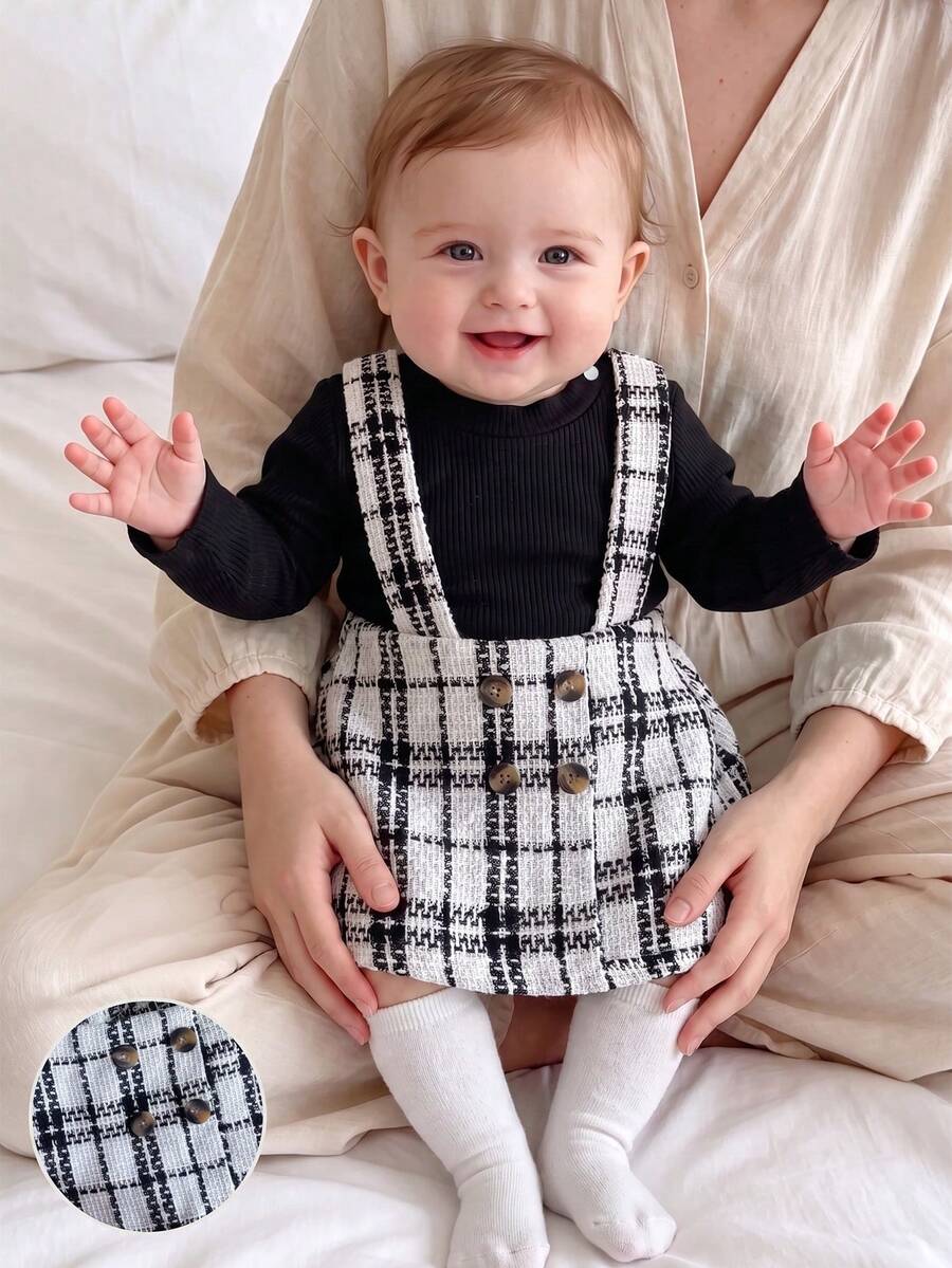 SHEIN 2件組新生女嬰羅紋連身衣與粗花呢裙套裝,可愛優雅黑白格紋鈕扣裝飾,長袖圓領,正裝派對秋季公主風保暖款 - 黑色 - 查看 1