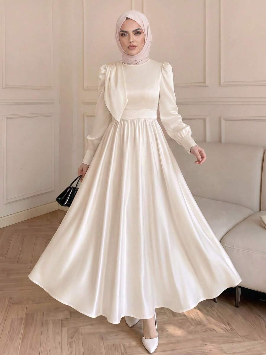 Celisse Vestido Feminino Premium com Textura de Cetim, Design de Laço Decorativo, Cintura Marcada, Elegante, Manga Longa, Casual para Trabalho e Passeio, Estilo Vintage Court para Festa e Encontros - Damasco - Visão 1