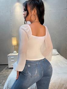 SHEIN SXY Spring And Summer Sweetheart Neckline Knot-Front White Long-Sleeved Chiffon Shirt,Long Sleeve Tops - White - View 2